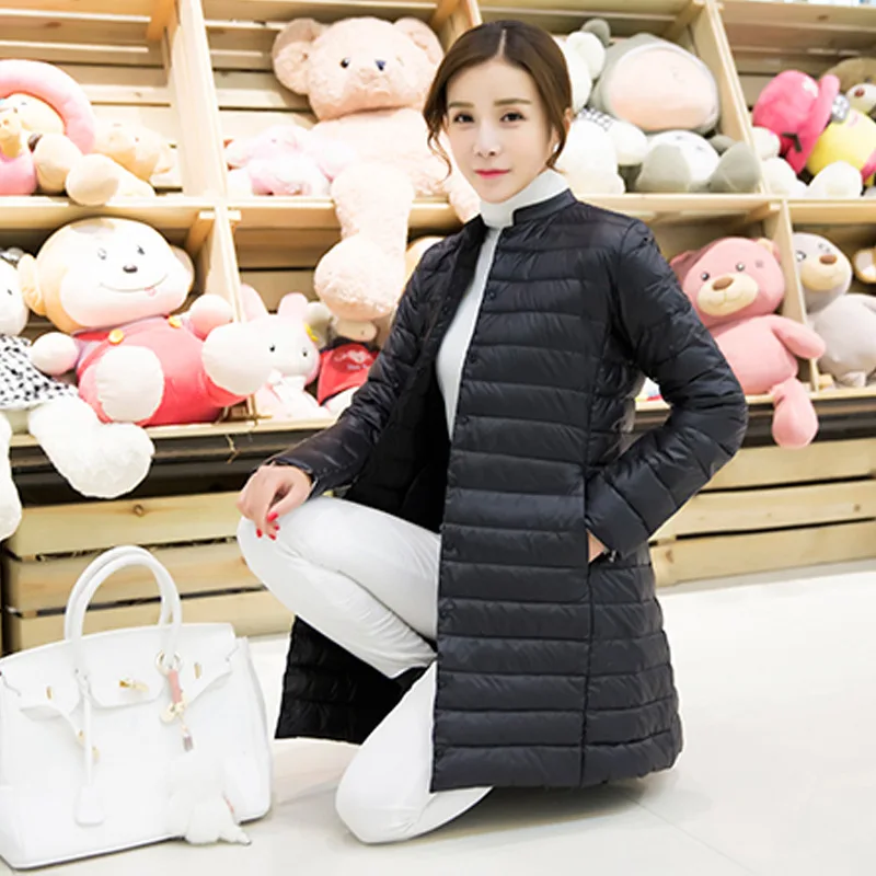 

Women Autumn Jacket Duck Down Lightweight Thin 2019 Spring Fashion Female Slim Midi Long Coats Stand Collar Ladies Button Jacket