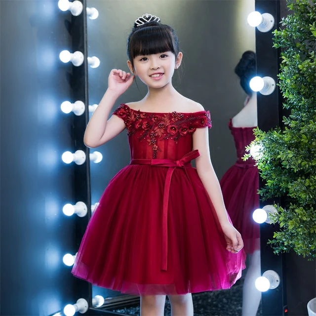 Wine Red Shoulderless FlowerAppliques Ball Gown Knee Length Kids Pageant Dress