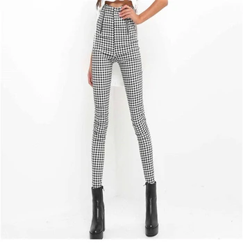 

2017 Autumn Gray White Plaid Pants Sweatpants Women Side Zipper Trousers Casual Cotton Comfortable Elastic Pants Joggers