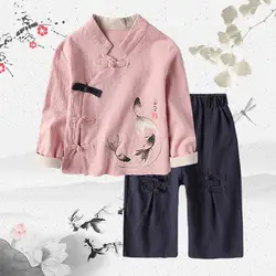 Осень детская одежда новая детская пряжка в национальном стиле двух Костюм из нескольких предметов для мальчиков и девочек сплошной цвет с