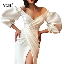 VGH, летнее сексуальное платье с разрезом, для женщин, v-образный вырез, пышные рукава, высокая талия, тонкий подол, асимметричные платья, женская мода, новинка