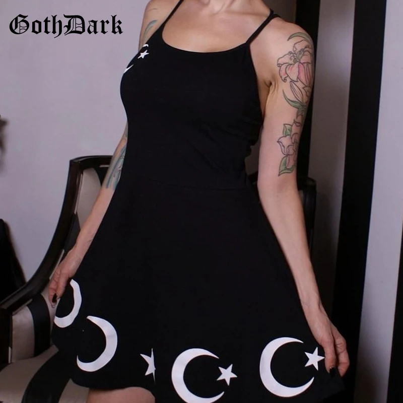 Goth Dark Aesthetic Grunge Black Print Dress Gothic Summer 2019 Punk Elegant Spaghetti Strap Backless Dresses Patchwork Fashion