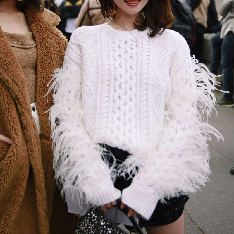 Пуловер с перьями и кисточками, топы, женский свитер с круглым вырезом и длинным рукавом, свободные белые свитера для женщин, осенняя мода