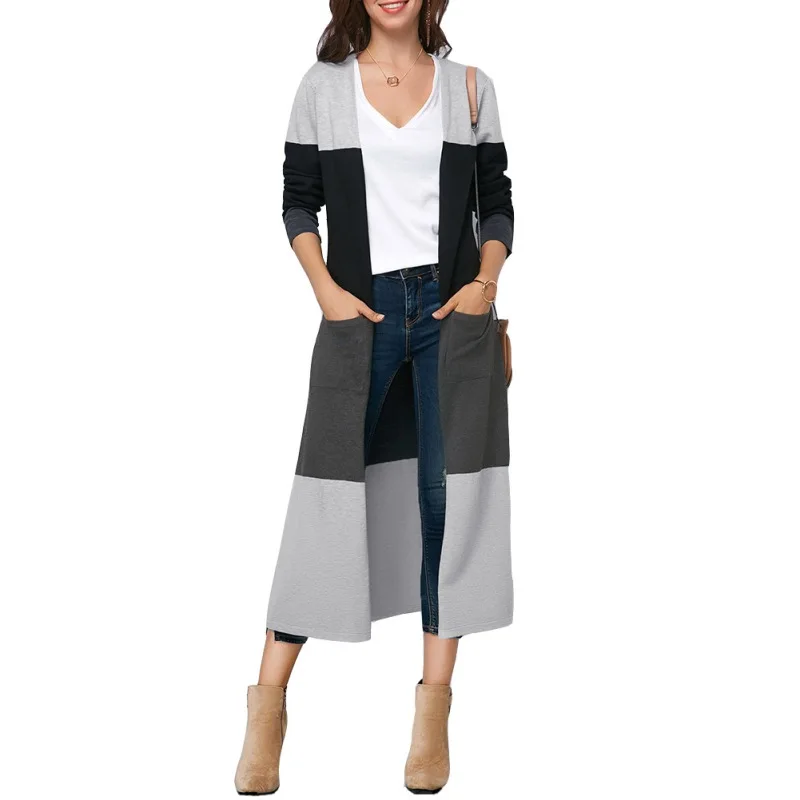

Fashion Color Patchwork Long Cardigan Long Sleeve Side Split Cardigans Women Hit Coat Women Autumn Casual Outwear Cardigan
