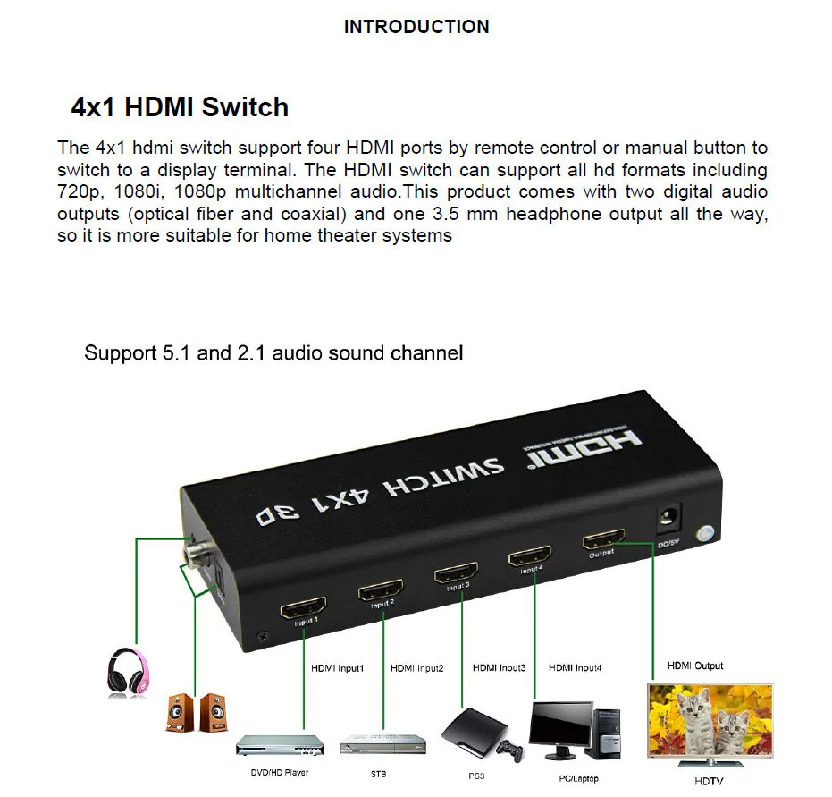 Новый HDMI коммутатор 4x1 ведьмы с аудио 5.1 SPDIF/коаксиальный и 3.5 R/L 4 порта коммутатор 4 К 1080 P 3D ac3/5.1dts dolby true Поддержка Arc