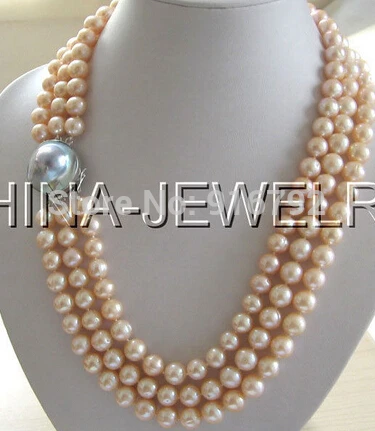 

Wholesale 21-23" 3row 10mm pink round freshwater pearl necklace-925 silver blister pearl