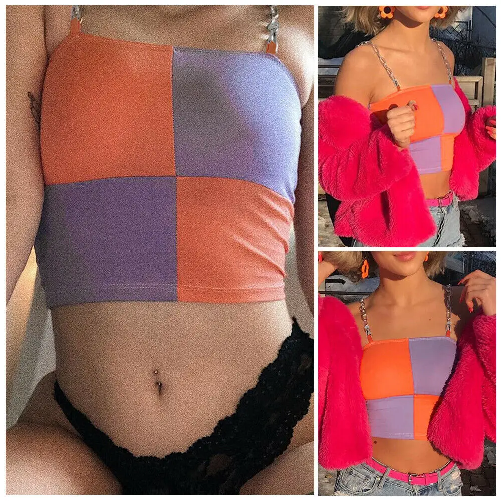 

New Sexy Fashion Women Casual Tank Top Vest Chain Sling Sleeveless Orange Purple Stitching Crop Top Shirt Cami Tee shirt