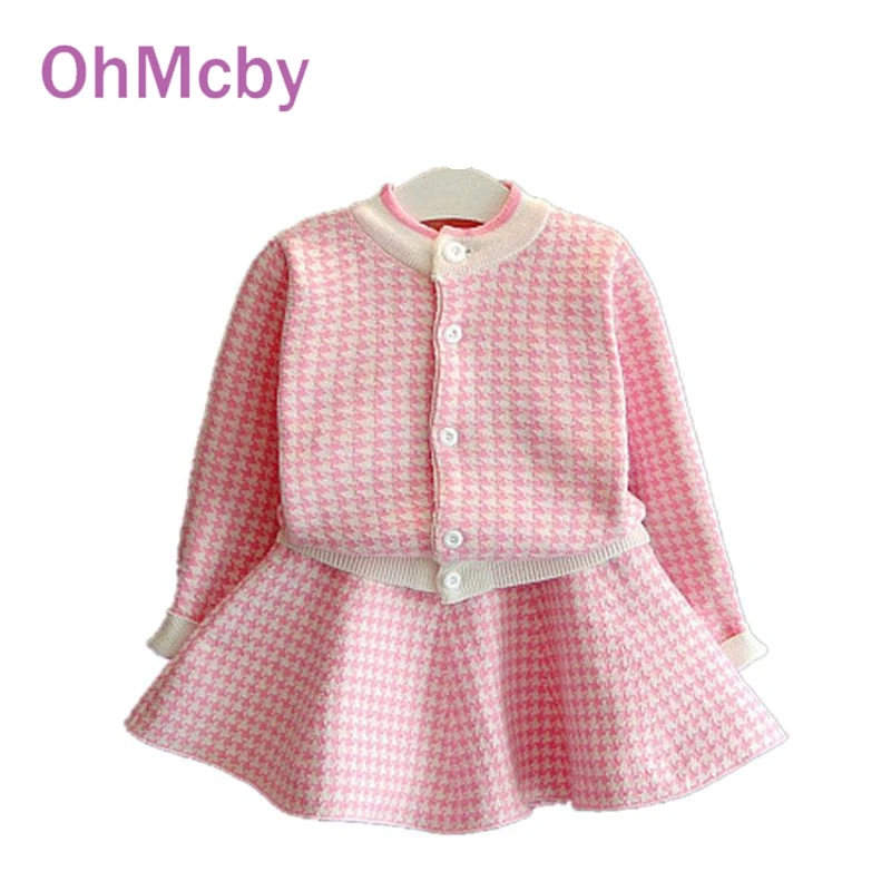 

OhMcby New Autumn Girls Clothing Sets 2017 Houndstooth Knitted Suits Long Sleeve Plaid Jackets and Skirt 2Pcs for Kids Suits