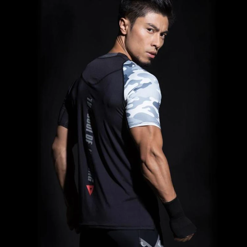 Мужская футболка с камуфляжным плетением, мужская спортивная компрессионная футболка для бега, футболка для фитнеса и спортзала, одежда для сухого кроя, топы - Цвет: Серый
