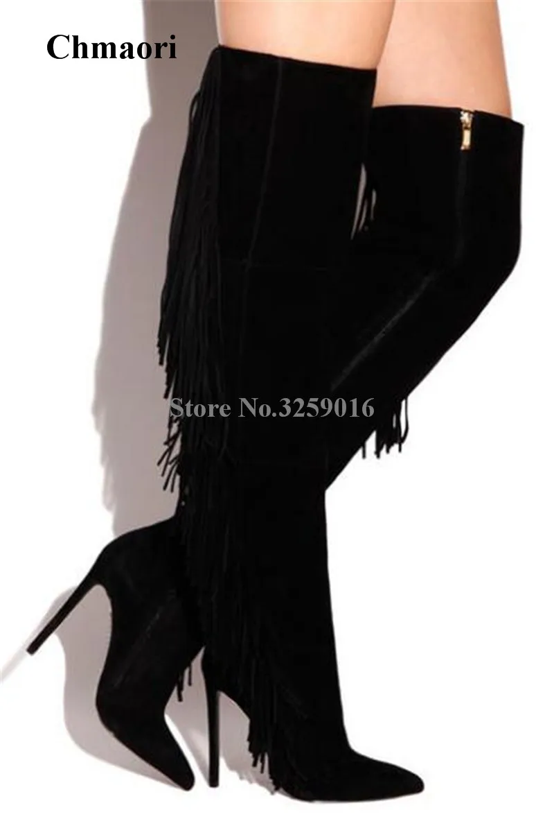 

Women Charming Black Suede Leather Pointed Toe Long Tassels Over Knee Boots Super High Heel Fringes Thin Heel Boots Dress Shoes