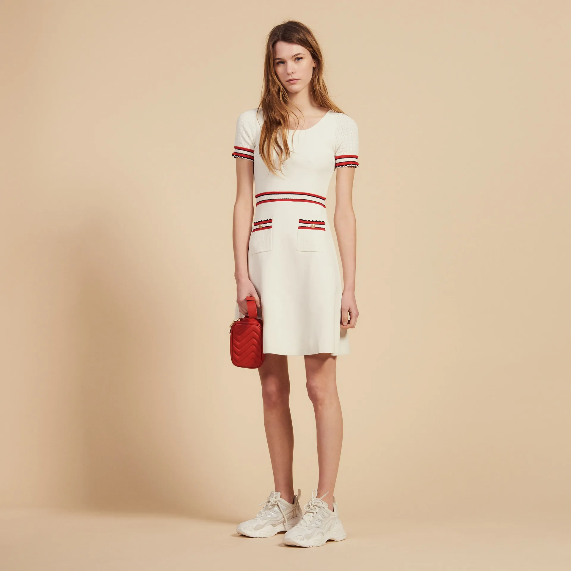 

Women Dress 2019 Spring and Summer New Round Neck Stitching Pocket Dress