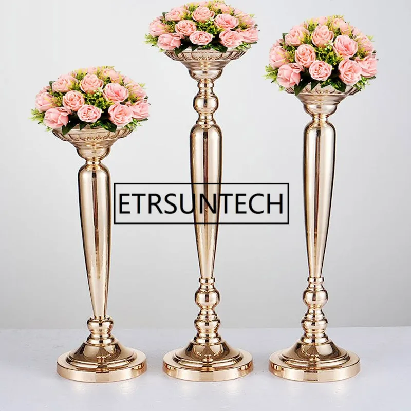 

10PCS/LOT Metal Gold Candle Holders Road Lead Table Centerpiece Stand Pillar Candlestick For Wedding Candelabra Flowers Vases