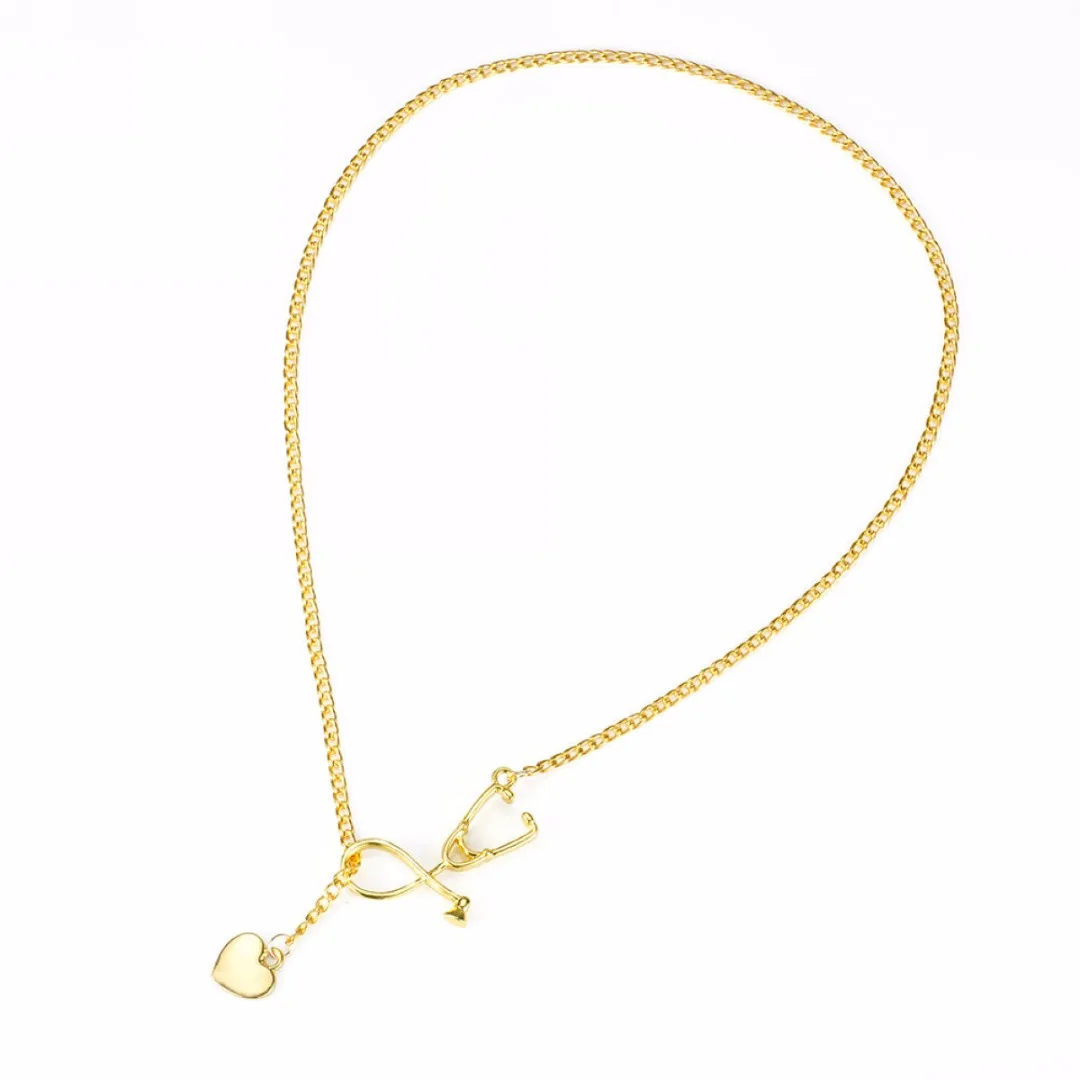 4 Colors Doctor Nurse Stethoscope Lariat Heart Pendant Chain Necklace Jewelry