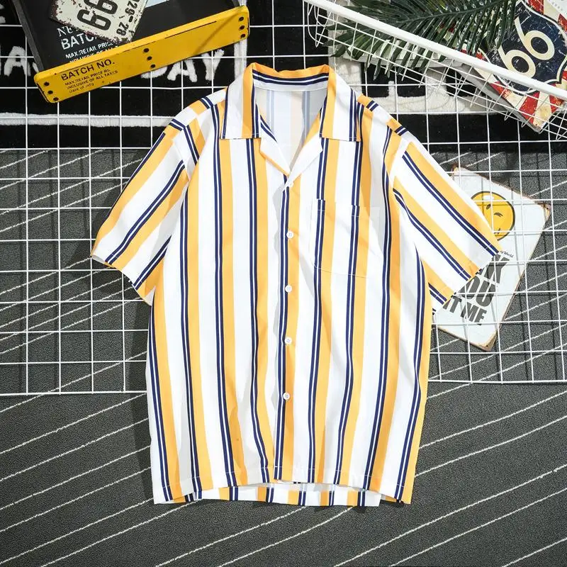 Мужская Летняя коллекция, модная брендовая полосатая желтая рубашка в Корейском стиле с коротким рукавом, мужские повседневные свободные Гавайские пляжные тонкие рубашки