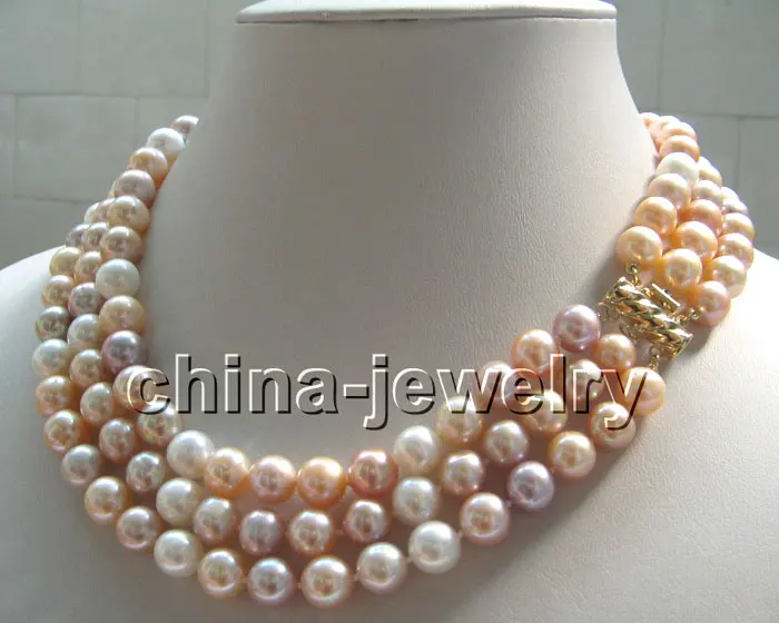 

AAA luster 17-19" 3row 9mm multicolor round freshwater pearl necklace GP clasp^^^@^Noble style Natural Fine jewe SHIPPING (C0309