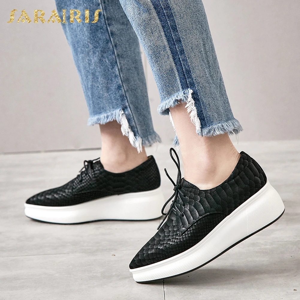 

Sarairis New Genuine Leather Sheepskin Animal Prints Shoes Flats Woman 2019 Pointed Toe Platform Thick Heels Women Shoes Woman