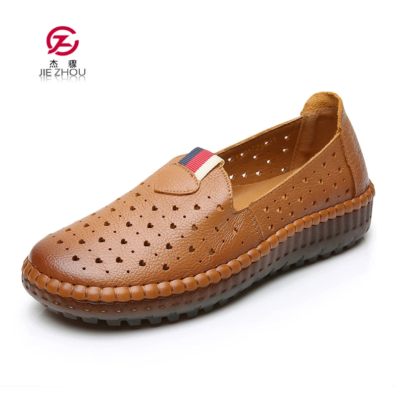 

Handmade Genuine Leather Summer Shoes Woman Flats Soft TPR Sole Breathable Hollow Out Loafers Fashion Casual Women Shoes