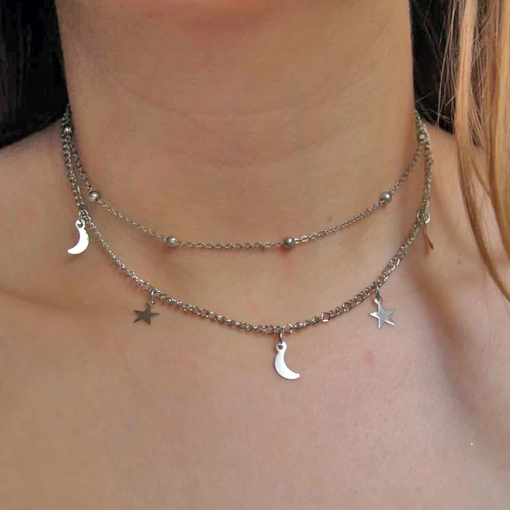 Ожерелье со звездами, в стиле бохо-Луна, многослойное ожерелье с кулоном для женщин, богемное цветочное ожерелье, винтажное модное ожерелье, бижутерия