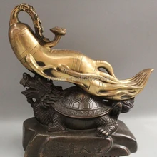 1" Китайский Фэншуй Бронзовый Фу Женьшень Поездка Дракон Черепаха Черепаха Статуя