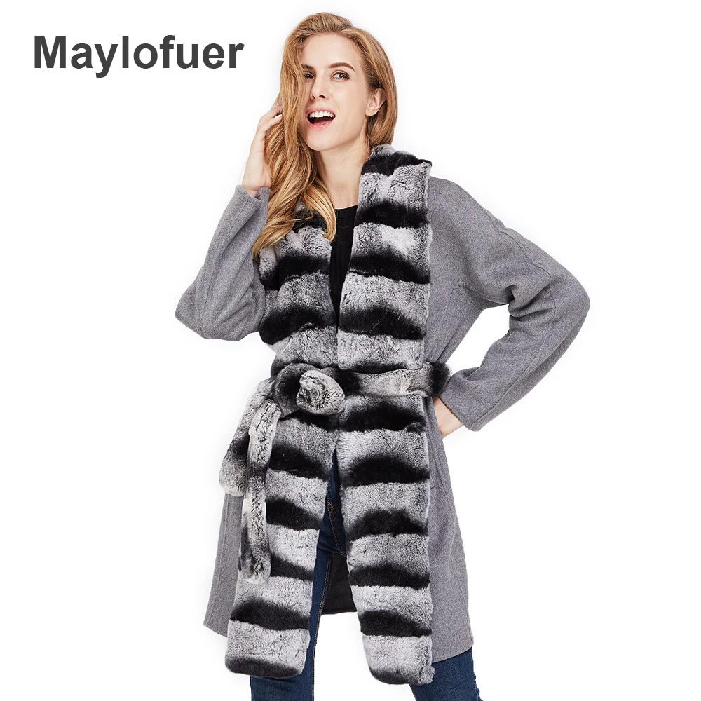 

Maylofuer Women Natural Rex Rabbit Chinchilla Fur Coats Wool Blends Coat Fur Garment Winter Fashion Fur Jackets with Belt