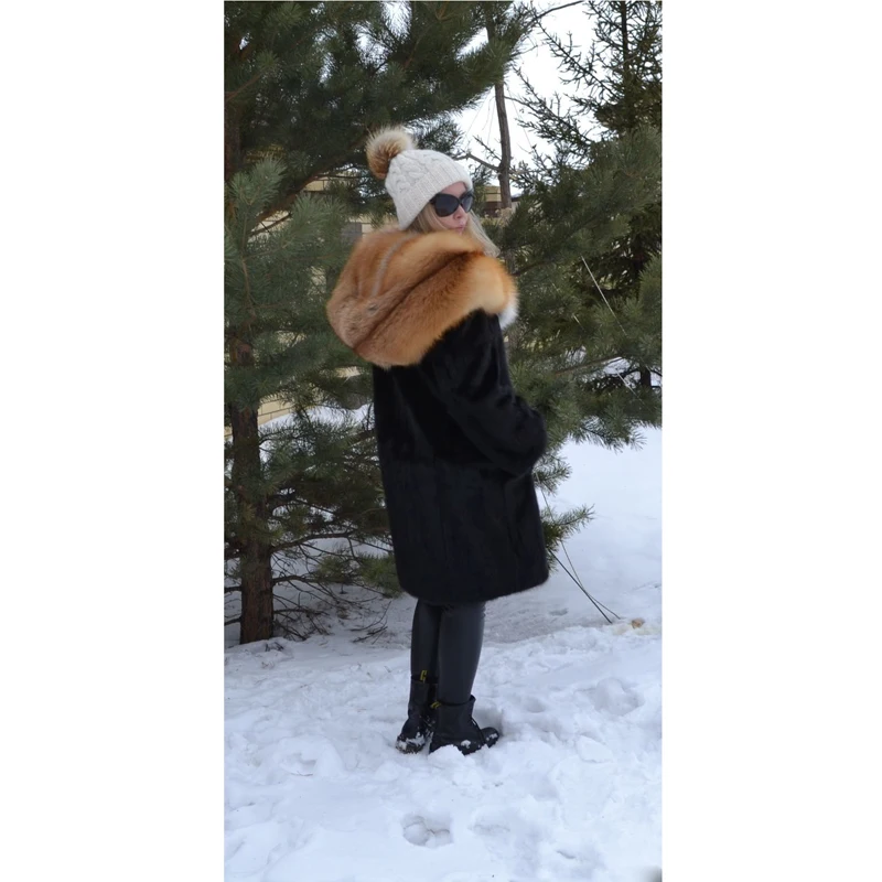 Куртка с капюшоном из меха Красной лисы Tatyana Furclub теплая черная длинная куртка