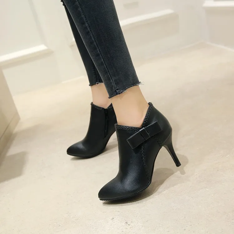 

Big Size 11 12 13 14 15 Ma'am Short boots Pure color Pointed Bowknot Boot barrel High heel boots