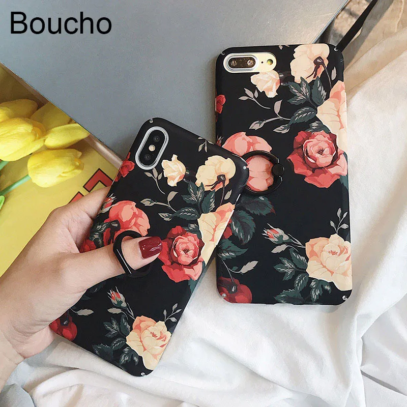 Funda de teléfono con anillo Floral Rosa Retro de Boucho para iphone 8 7 6 6 s Plus fundas para iphone X XS MAX XR funda bolsa con anillo de dedo