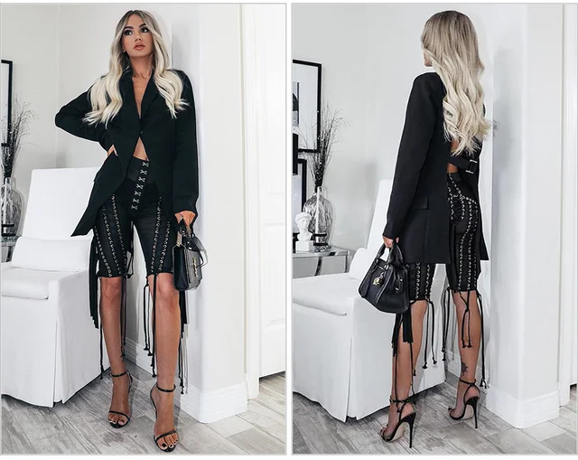 Chic Shorts Set Backless Buckle Jacket See Through Lace Up