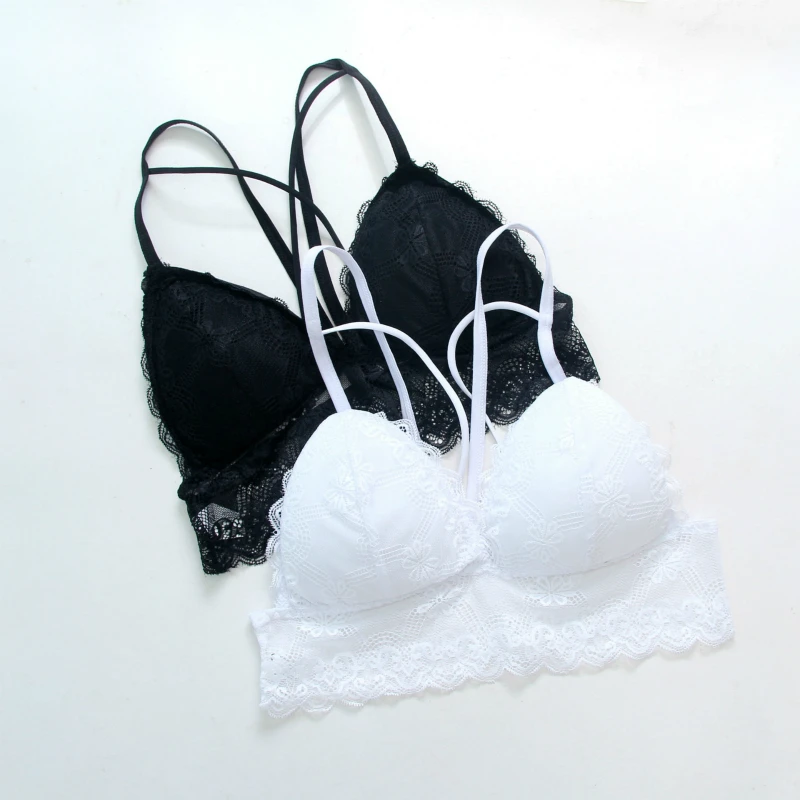 Fatimu Black Sexy Lace Bra Women Push Up Adjustable Straps Wireless Bralettes Lady Semi-sheer Soft Breathable Female Underwear