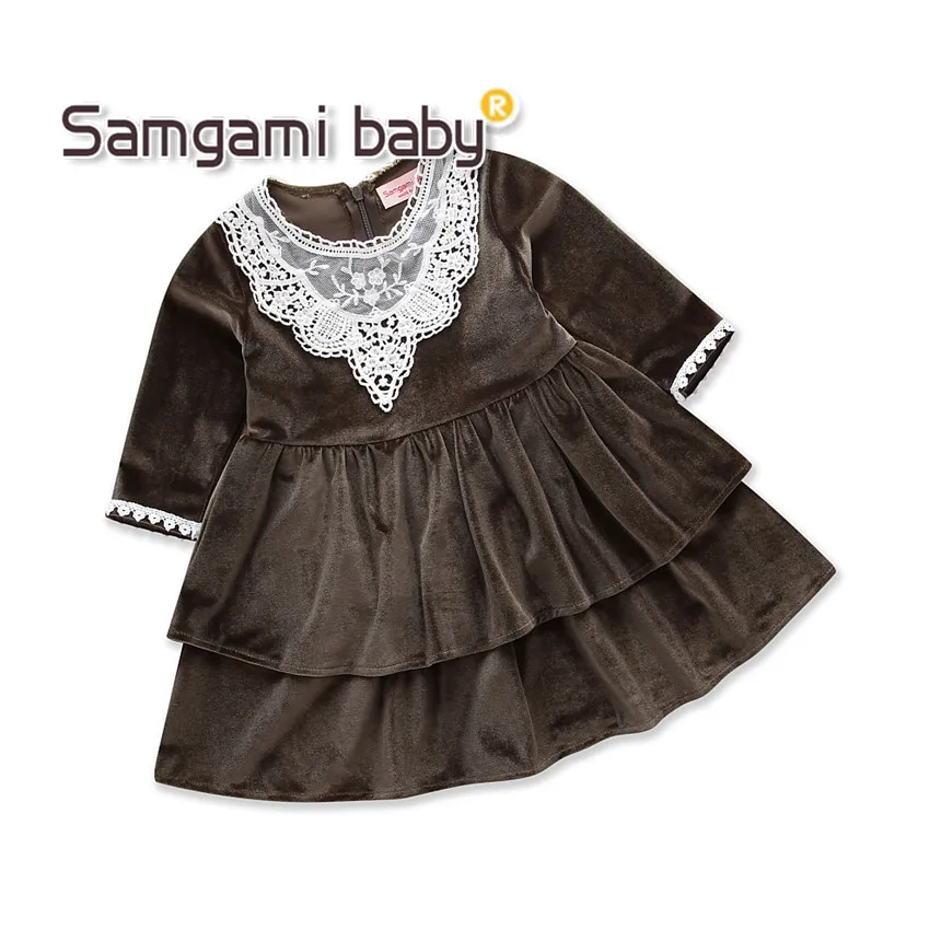 

SAMGAMI BABY Girls Children Clothes Long Sleeve Floral Dress Princess Toddler Girl Clothing Pure Color Velvet Pleuche Dresses