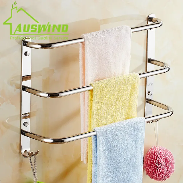 Sus304 Stainless Steel Chrome Towel Bar 3 Layers Wall Mounted Sus304 Stainless Steel Chrome Towel Bar 3 Layers Wall Mounted Racks With 2 Hooks Small
