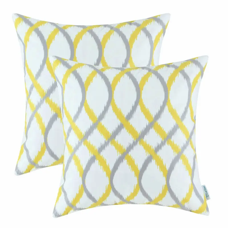 

2PCS Square CaliTime Cushion Cover Pillow Shell Home Sofa Decor Short Plush Wave Stripes 20" X 20"(50cm X 50cm) Yellow Grey