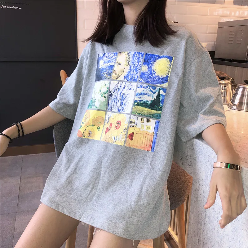 

Van Gogh Oil Painting Print T-shirt Women 2019 Summer Korean Style O-Neck Tops Casual Ladies Harajuku Short Sleeve Loose T shirt