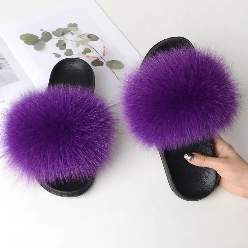 winter indoor slippers Women Summer Casual Fluffy Slippers With Fur Flat Non-Slip Real Fox Fur Furry Slides Large Size Shoes Fur Sandals Free Shipping best indoor sandals Indoor Slippers