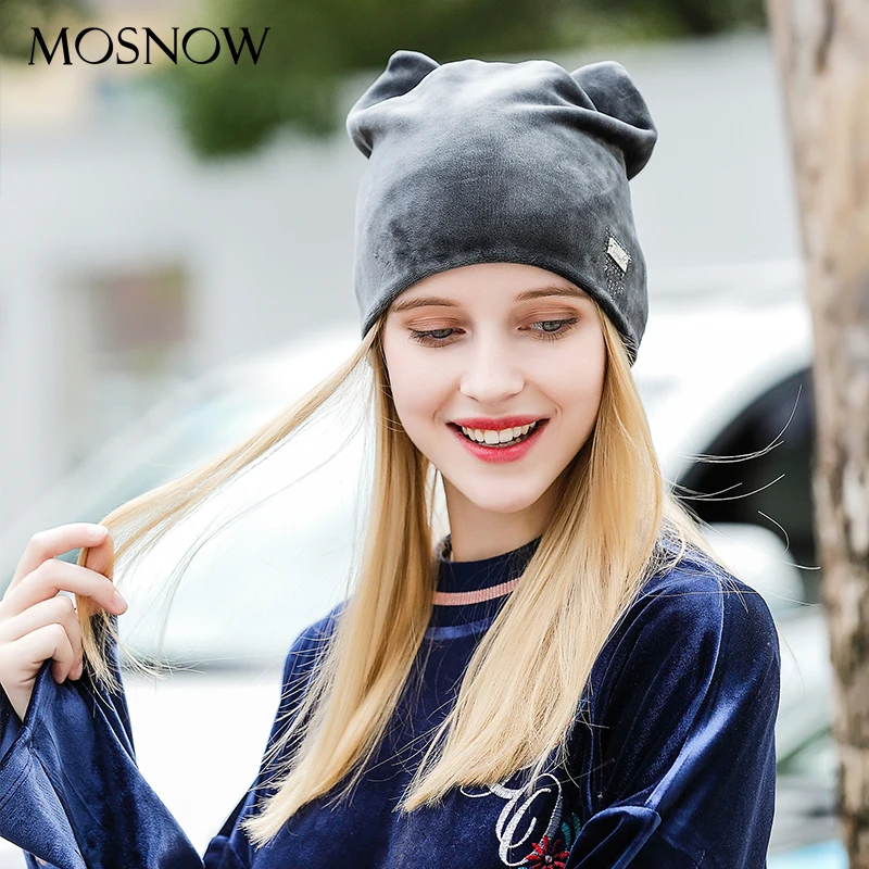 Зимние Шапки для женщина шапочки фланель милый кот уха Rhinestone шляпа девушка осень