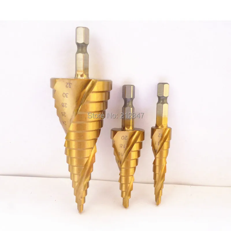 Hot 3pcs Hex Hss High Speed Steel Titanium Coated Spiral Grooved Step Drill Bits Set 4-12mm 4-20mm 4-32mm B