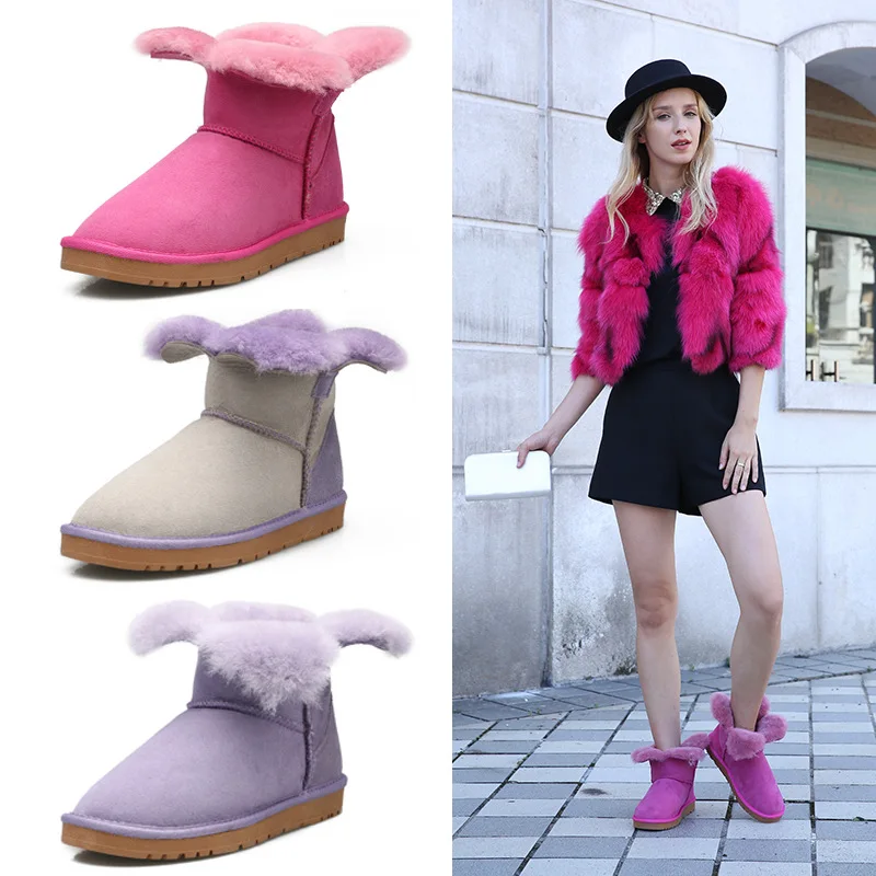 

Fresh and unique four-leaf clover petals open design women snow boots candy color Sheepskin with wool winter women's shoes