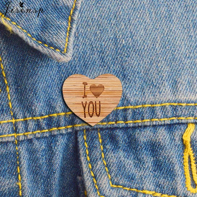 Heart pin with message I love you - graphic brooch - romantic accessory - not another enamel pin - graphic accessory - lasercut maple wood