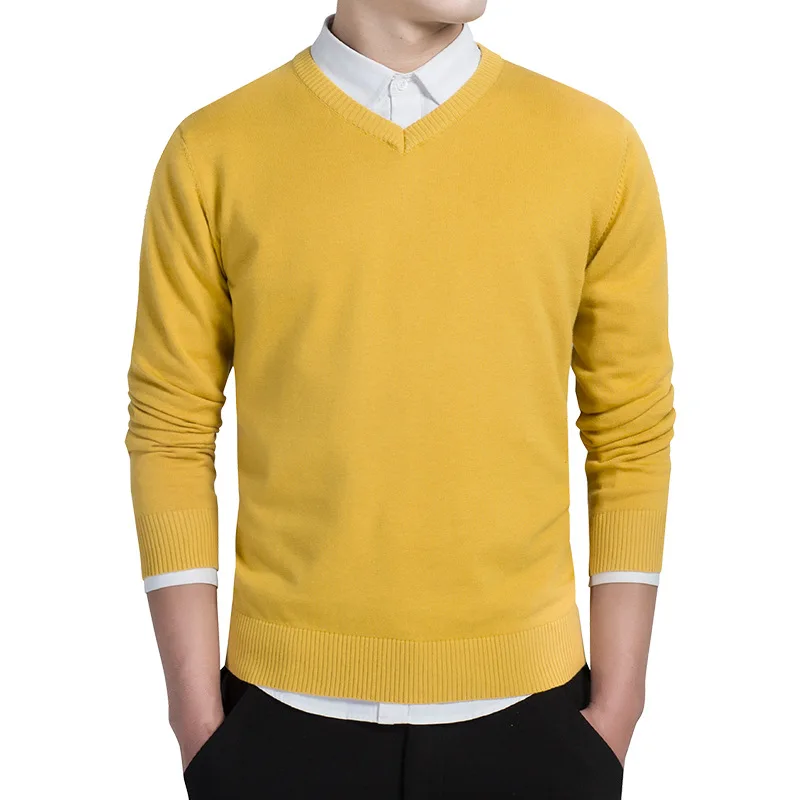 С v-образным вырезом Для мужчин свитер теплая зима Solid Slim Fit Для мужчин свитера хлопковые пуловеры мужской Sweter трикотаж рождественские Chompa черный, красный - Цвет: Цвет: желтый
