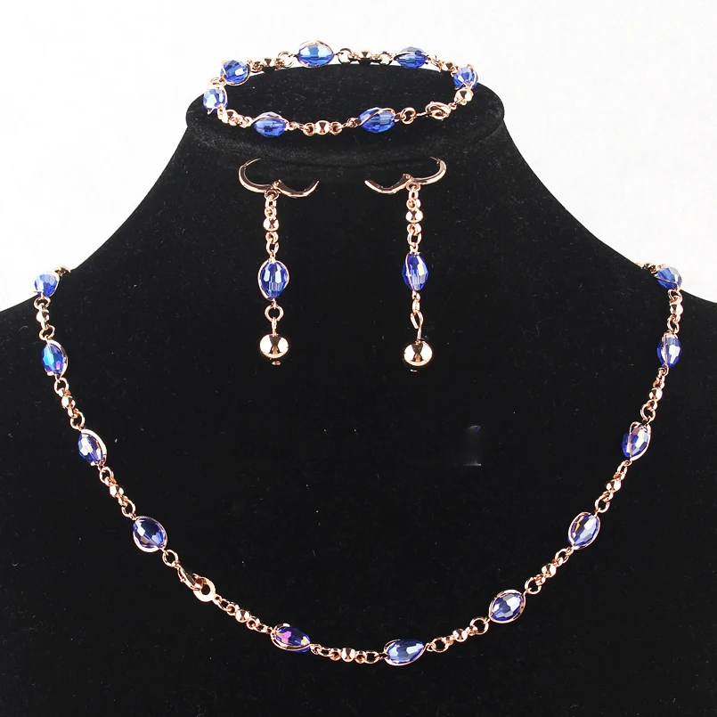

African Crystal Beads Jewerly Sets For Women Gold Color Statement Necklace Bracelet Earrings Wedding Fashion Boho NE+BA
