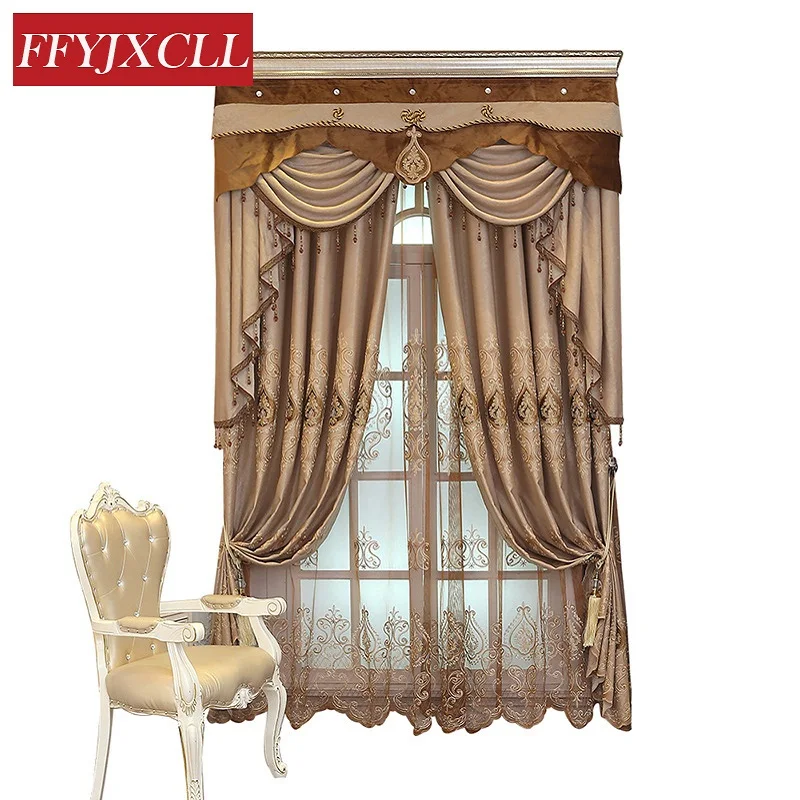

Brown Color Europe Curtains Cloth For living Room Bedroom Window Geometric Embroidered Curtains Fabrics Drapes Decoration