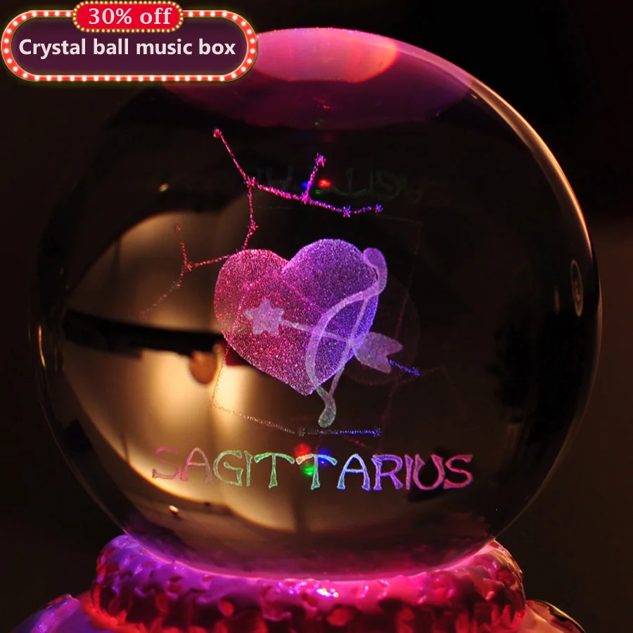 

12 Constellation Rotating Crystal Ball Music Box LED Light Musical Boxes for Princess Love Girl Valentine's Day Gift