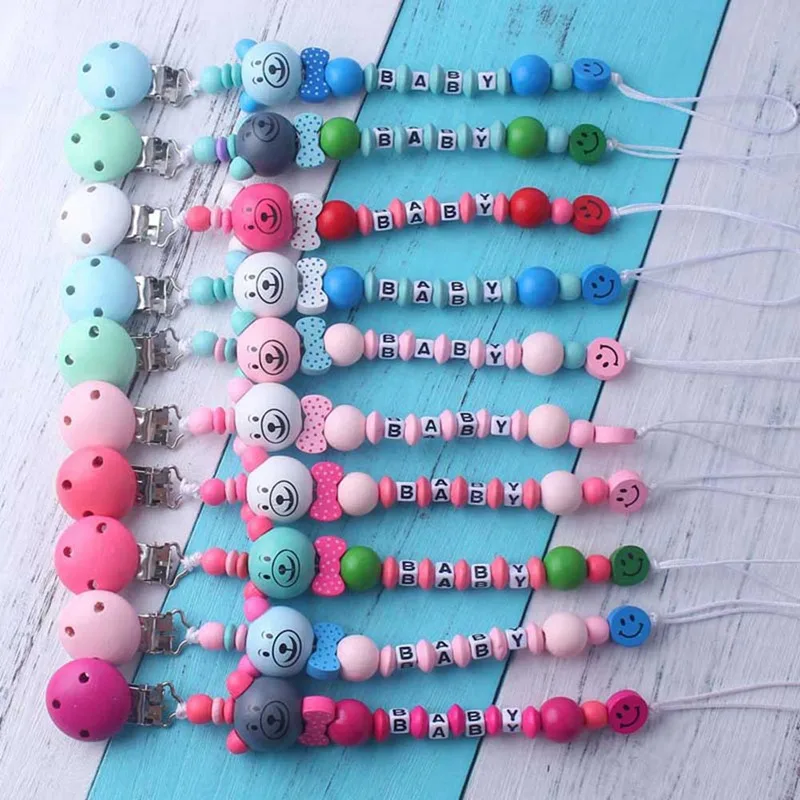 

Personality Handmade Pacifier Clips Holder Chain Wooden Pacifier Chains Cartoon Baby Teether Teething Chain