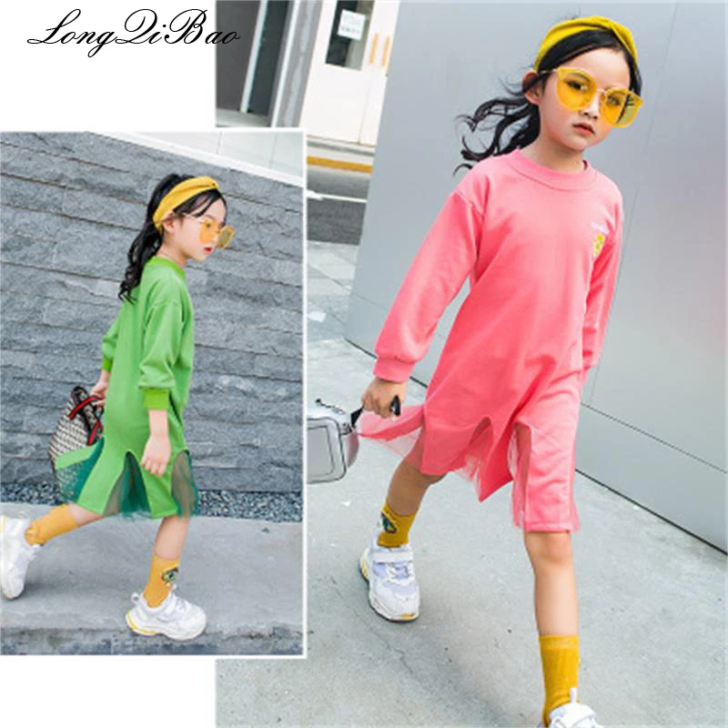 

Baby girl 2018 autumn new girls Korean version of the cotton T-shirt loose long section stitching bottoming shirt dress