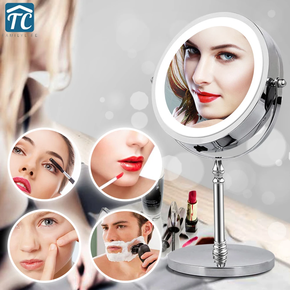 

10X Magnifying Makeup Mirror With LED Light 360 Degree Rotating Round Shape Desktop Vanity Mirror Double Sided Backlit Mirrors