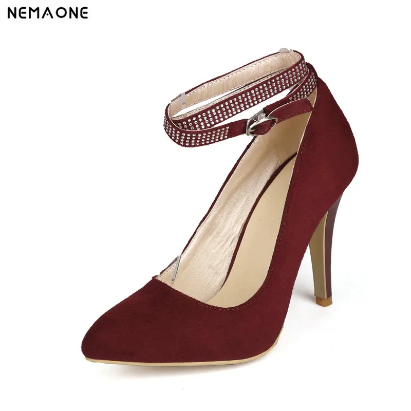 

NEMAONE women ankle strap 10cm high heels wedding shoes woman spring summer shoes flock women pumps size 42 43