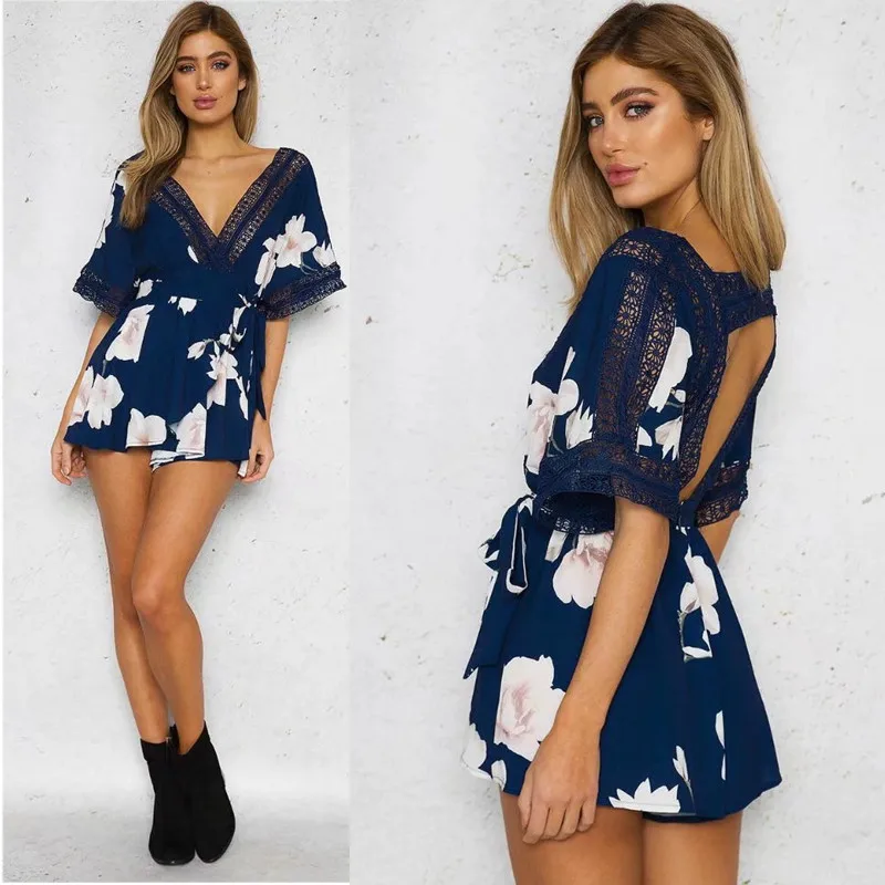 yinlinhe Short Sleeve Floral Summer Playsuit Blue Lace Hollow Out Backless Jumpsuit Women V neck Beach Boho Elegant Rompers 3