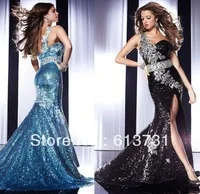 New Arrival 2013 Mermaid One Shoulder Crystal Beaded Sequined Blue Black Front Split Prom Dress Women Evening Gown Long P14570