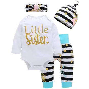 

Oklady 2019 4Pcs Baby Girls Clothes Little Sister Long Sleeve Romper+Striped Long Pants+Hat Clothes Sets