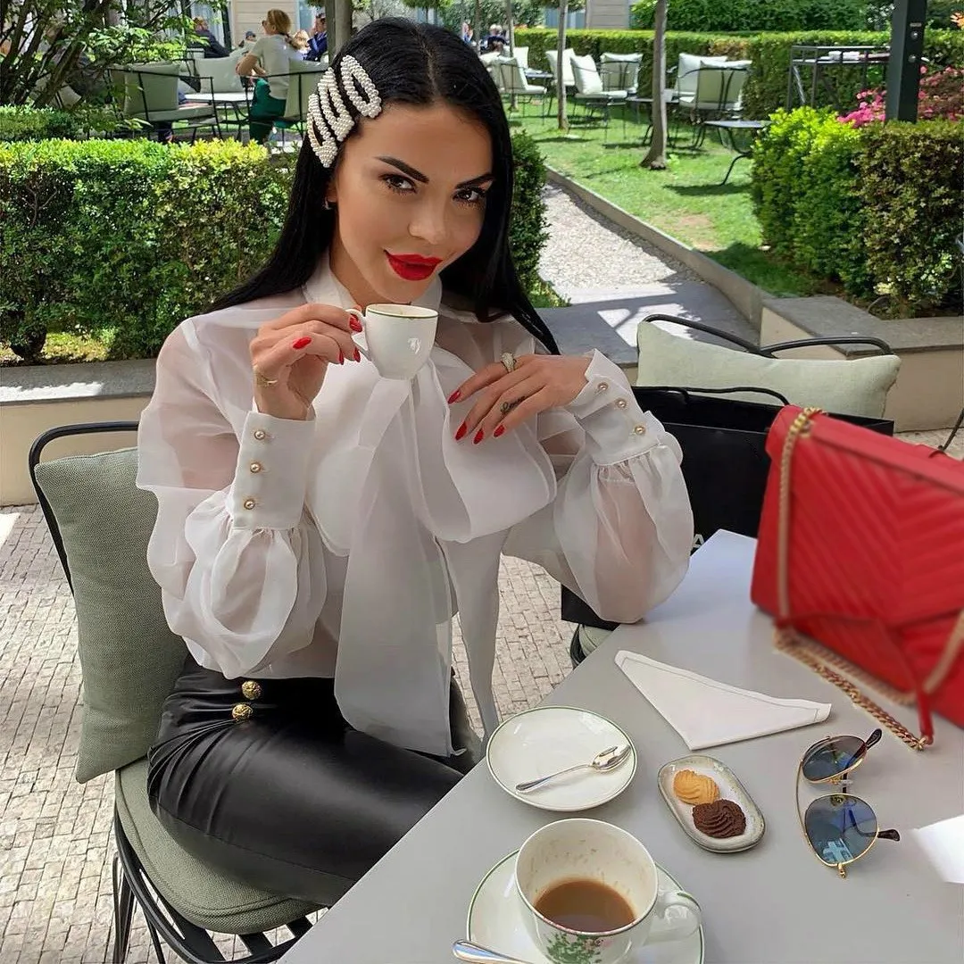 Women Bowtie Thin Tulle Transparent Blouses Lantern Sleeves See Through Shirts Vintage Elegant Ladies Fashion Casual Blusas